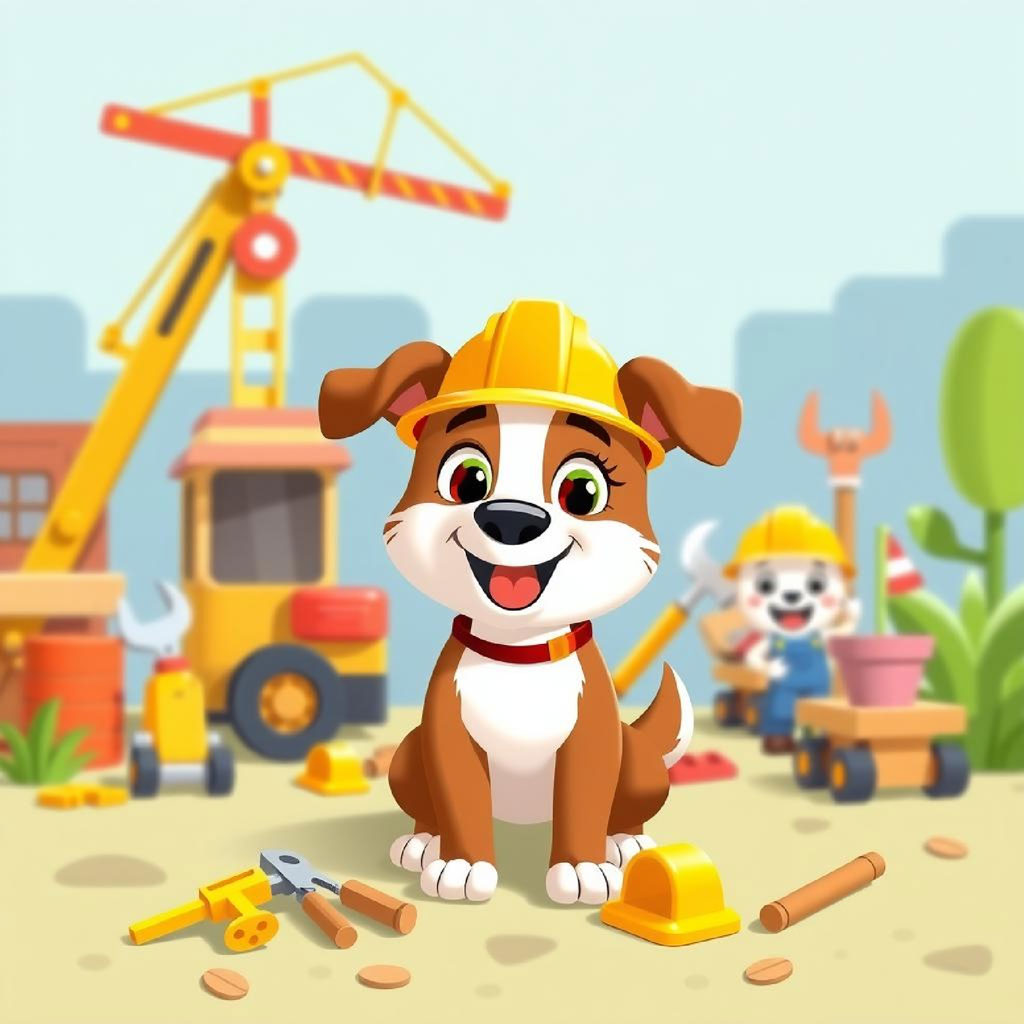 Cartoon puppy in a hard hat on a construction site
