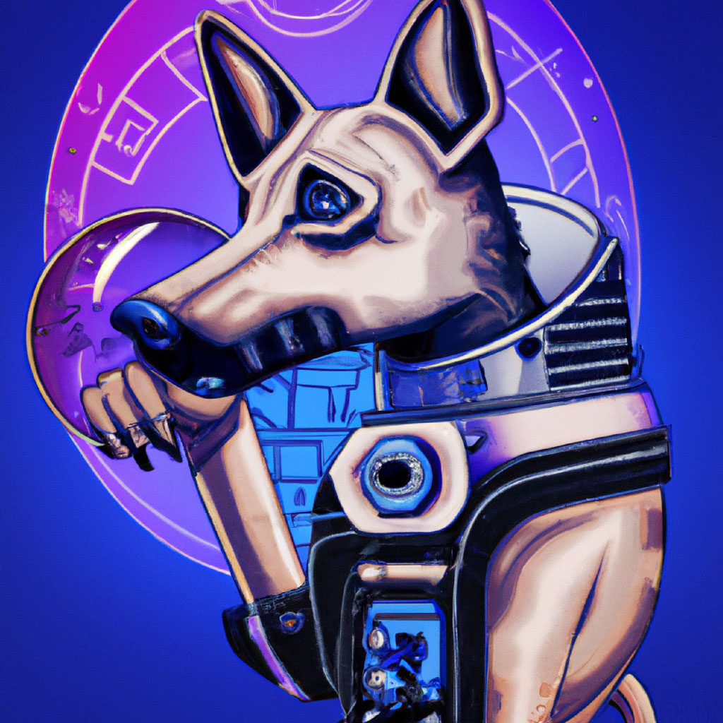 Illustration of a dog in a space suit with a helmet