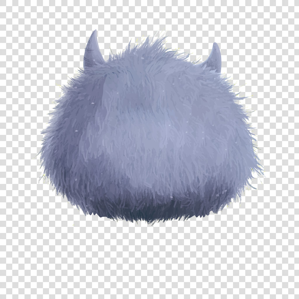 A gray, furry monster head with two small horns on top.