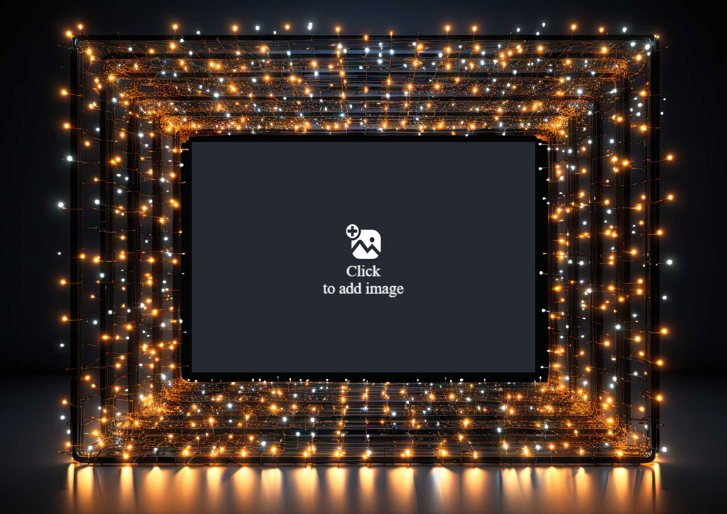 A family photo in a decorative frame with fairy lights