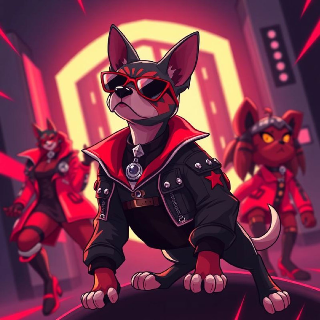 Four anime characters in red and black outfits standing in a futuristic cityscape with neon lights.