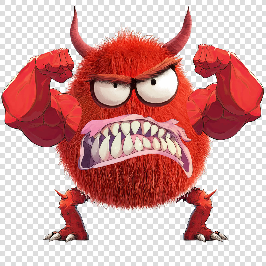 A red furry monster with horns and sharp teeth flexing