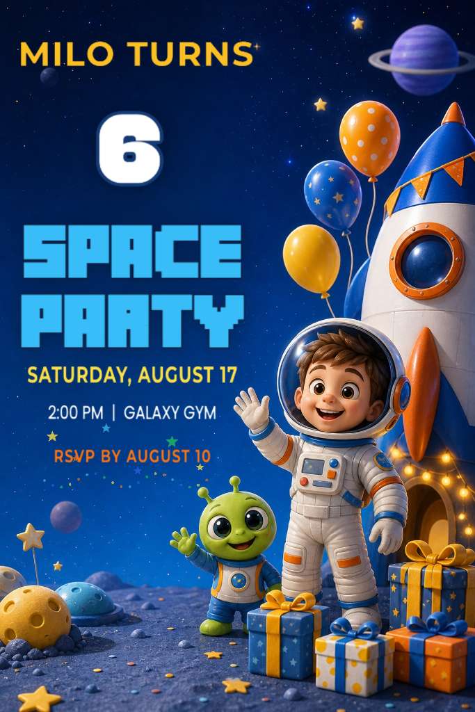 Cartoon astronaut, rocket, alien, and gifts on a space-themed sixth birthday invitation