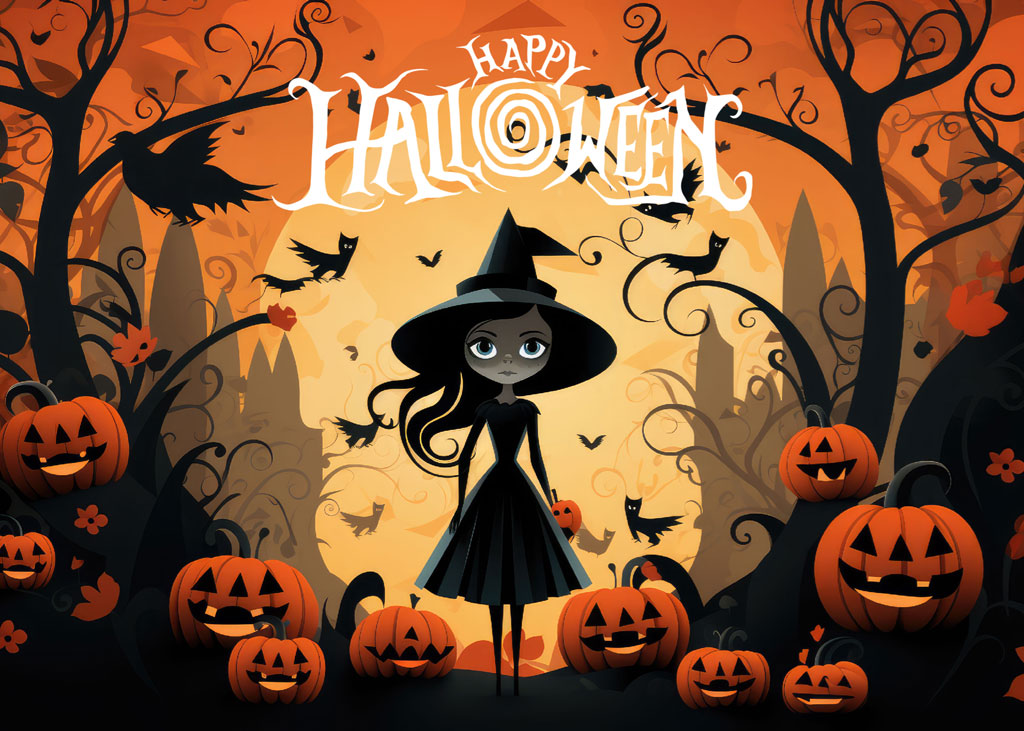 Cartoon witch in a black dress and hat surrounded by jack-o'-lanterns
