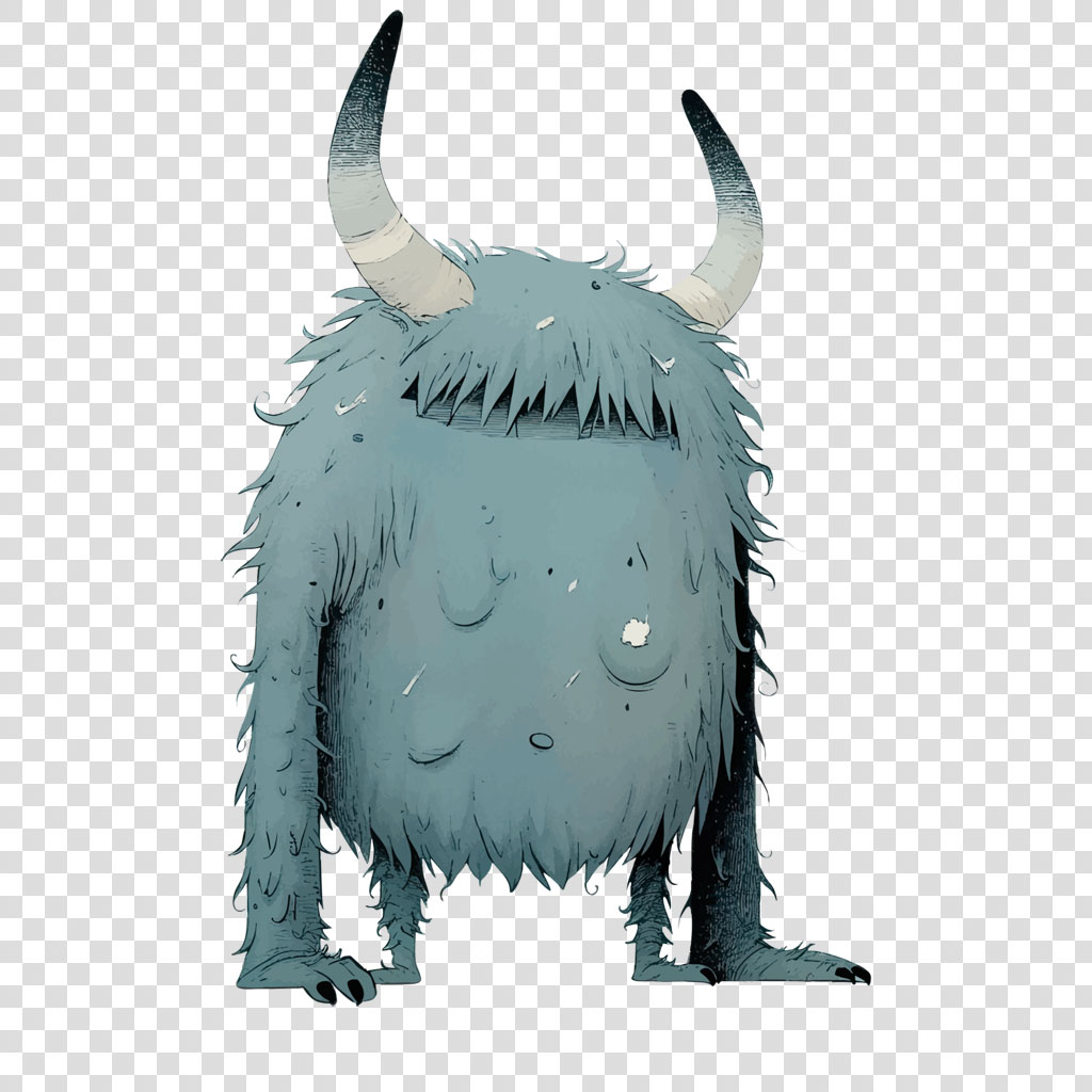 A cartoon blue monster with horns and shaggy fur.