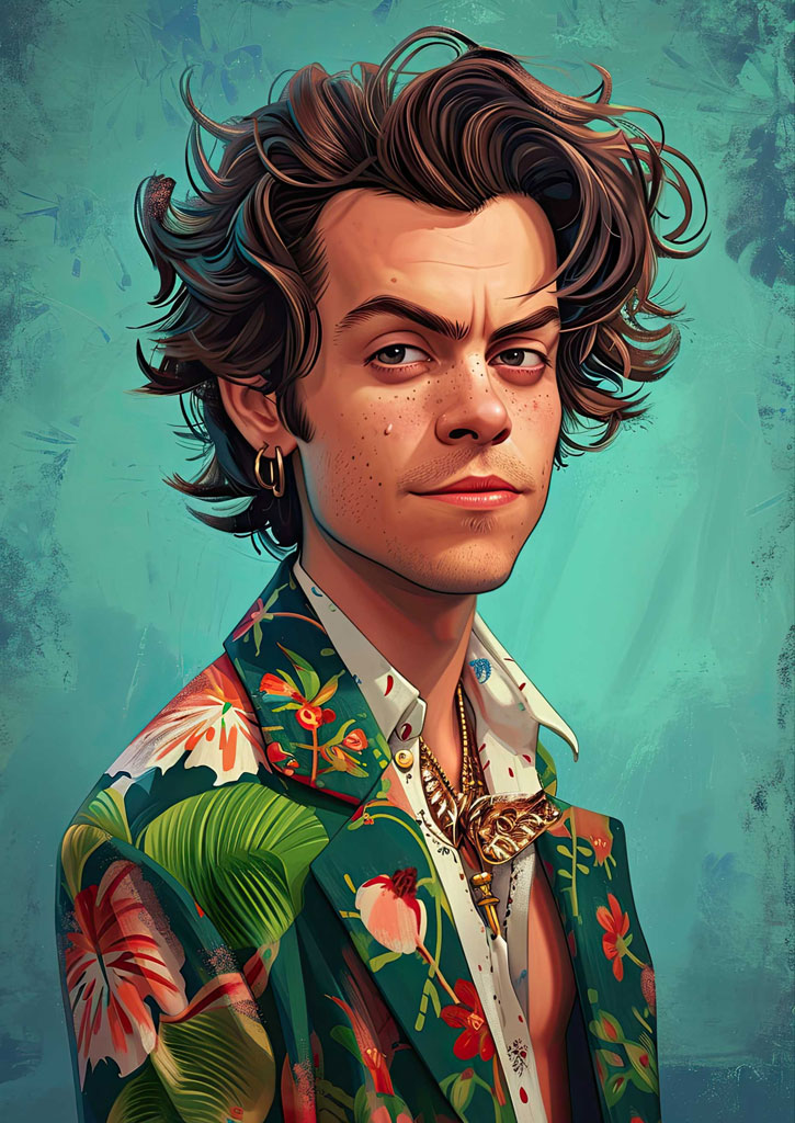 Illustration of Harry Styles wearing a floral suit jacket and gold jewelry against a teal background.
