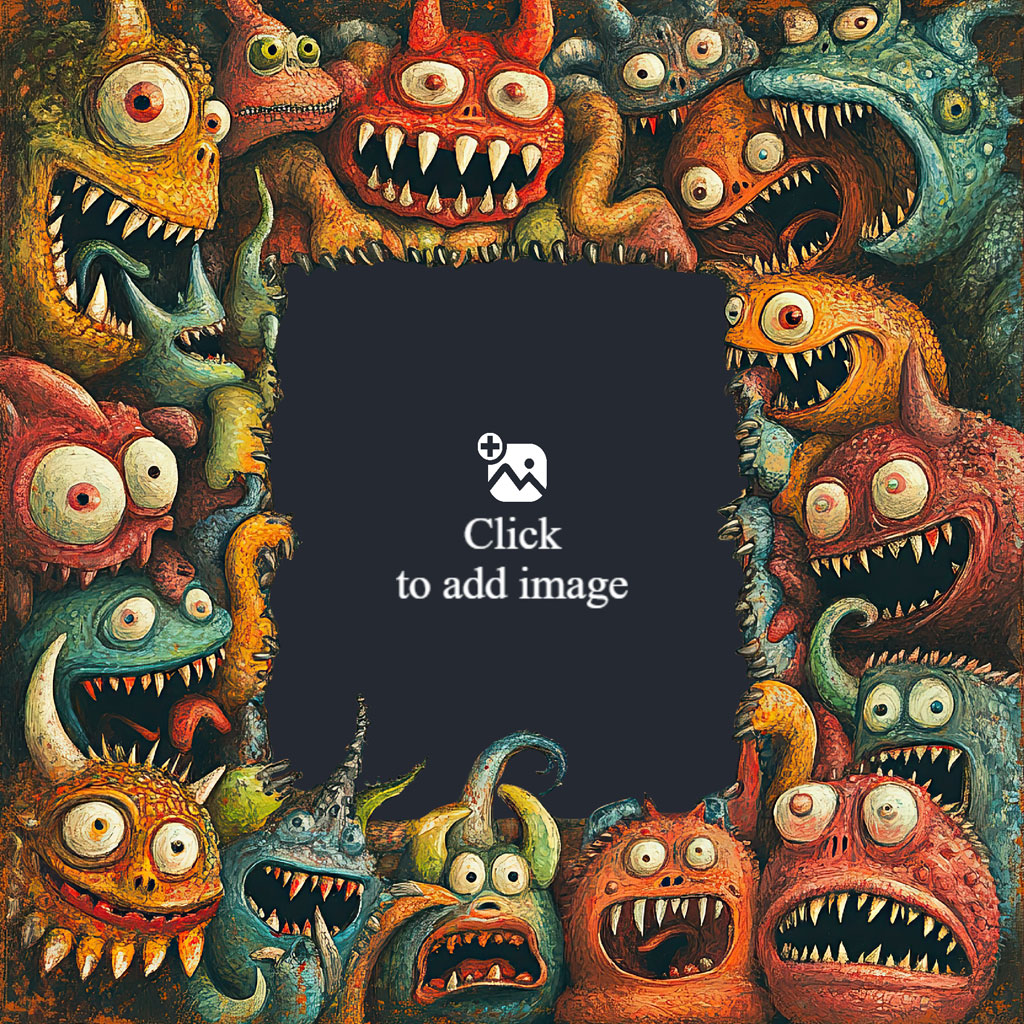 Colorful monsters with sharp teeth and large eyes surrounding a black rectangular space.