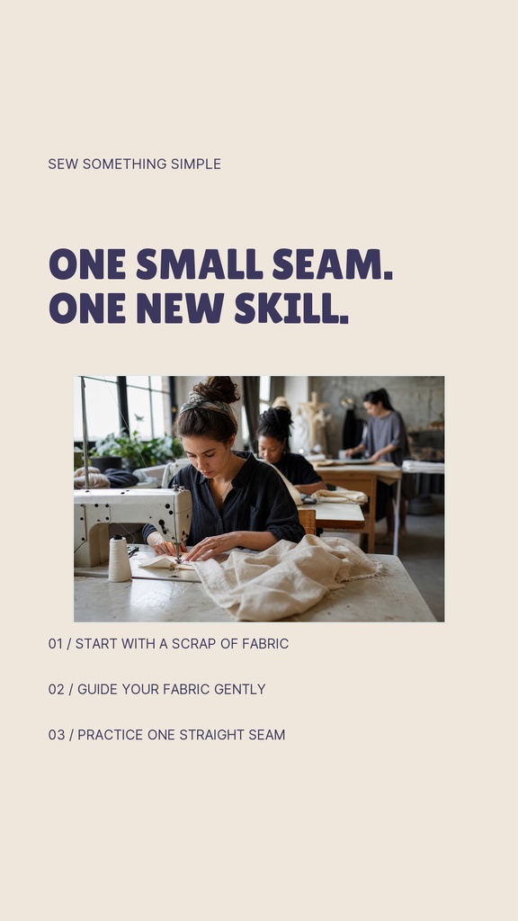 Portrait Instagram Story template with sewing studio photo and bold headline about one small seam.