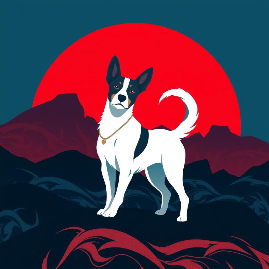 Woman in flowing dress standing in front of mountains with a red sun