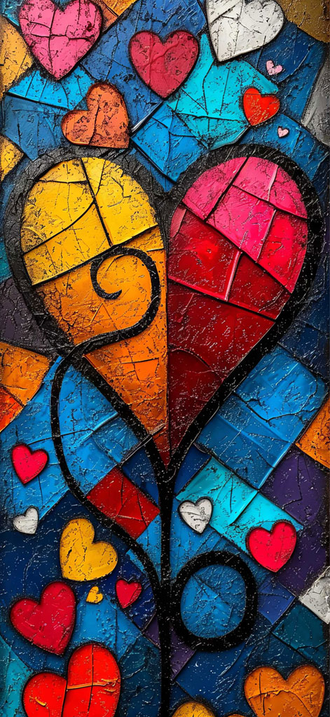 Mosaic art piece with colorful hearts and floral pattern