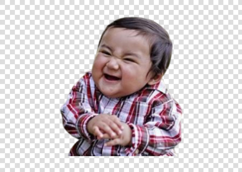 A baby in a red and white plaid shirt crying with eyes closed