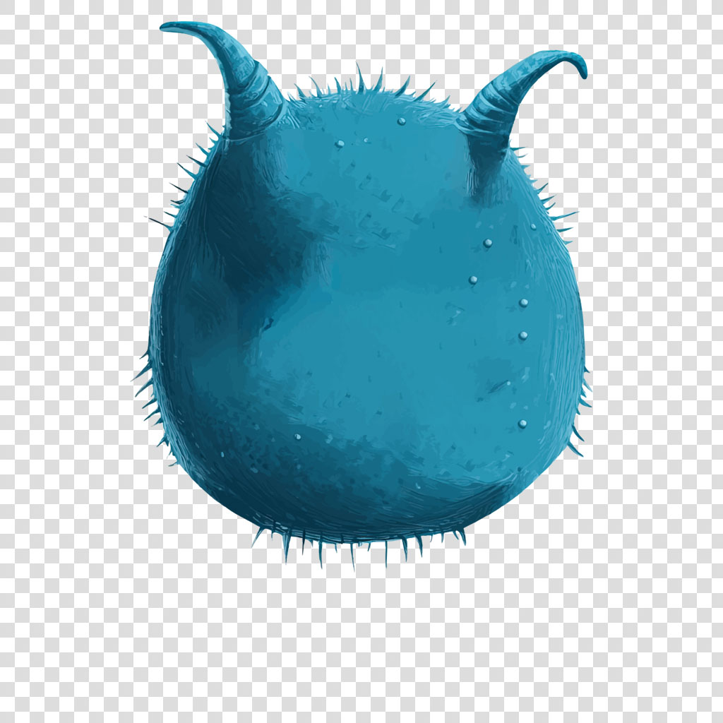 A blue microorganism with a spiky exterior and two curved horns.