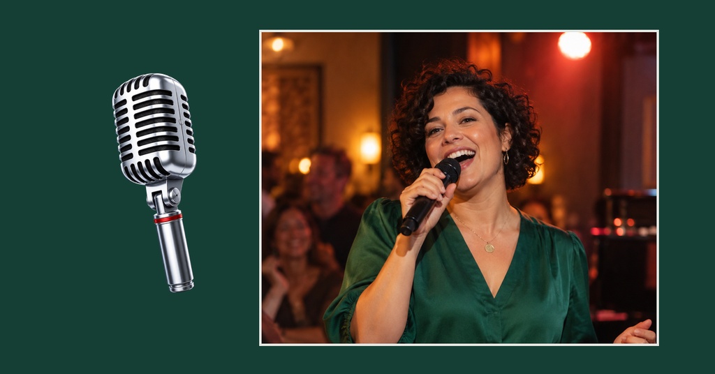 Microphone icon beside a smiling singer performing on stage in a landscape event cover design.