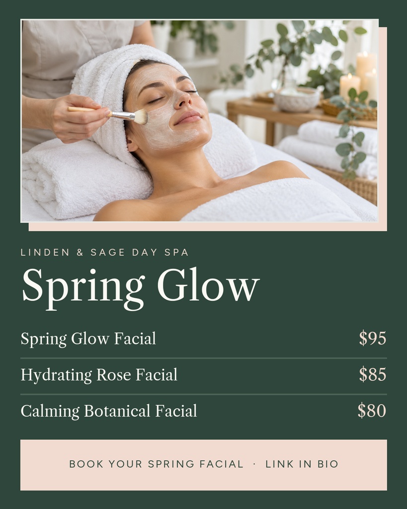 Portrait spa promo design with a facial treatment photo, spring glow headline, and service prices.