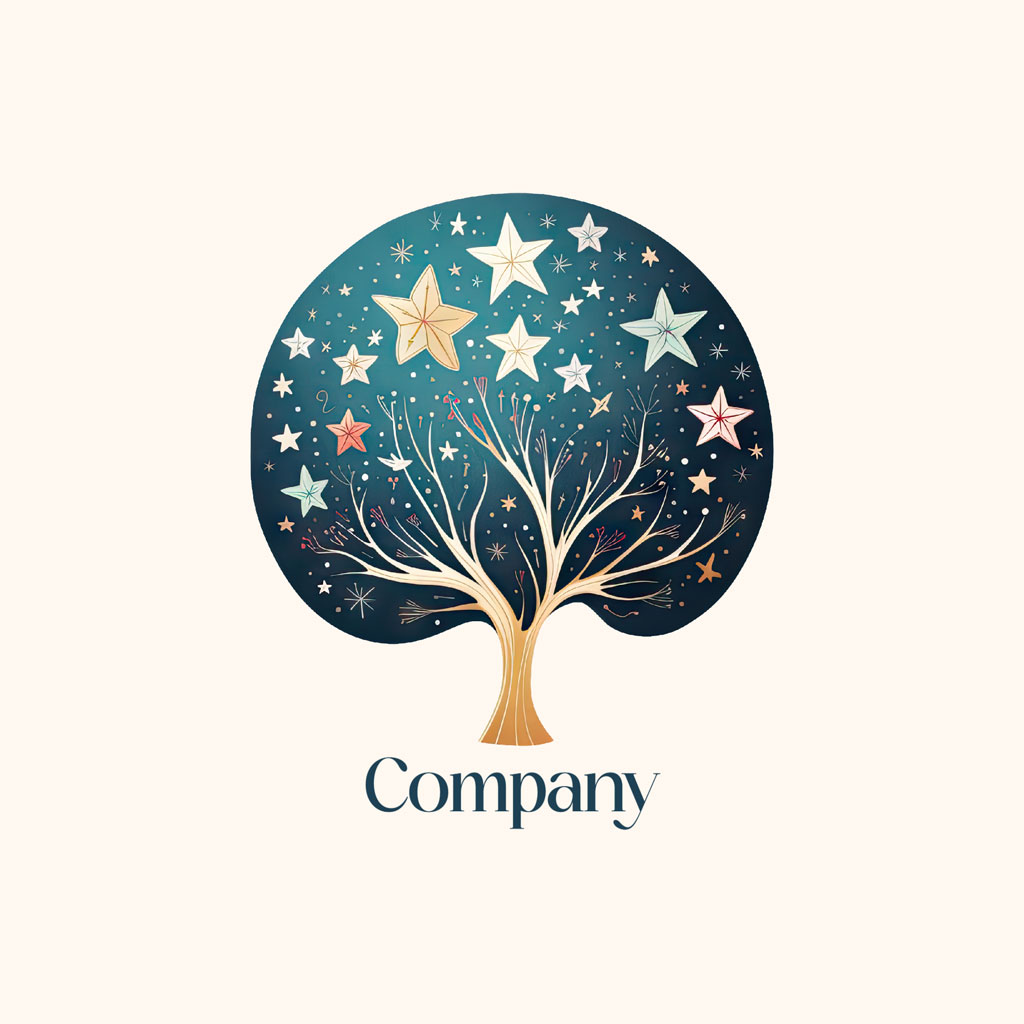 Company logo featuring a tree with star-filled branches