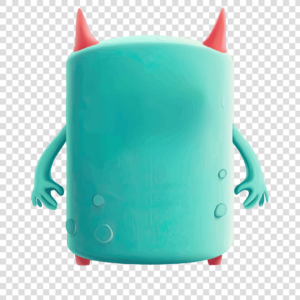 Teal monster toy with red horns and hands