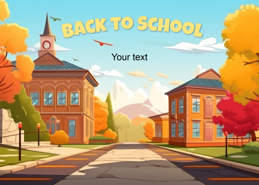 Cartoon school buildings with a road and autumn trees