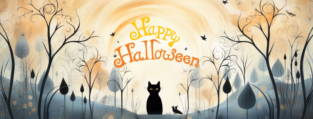 Halloween illustration with a black cat and bare trees