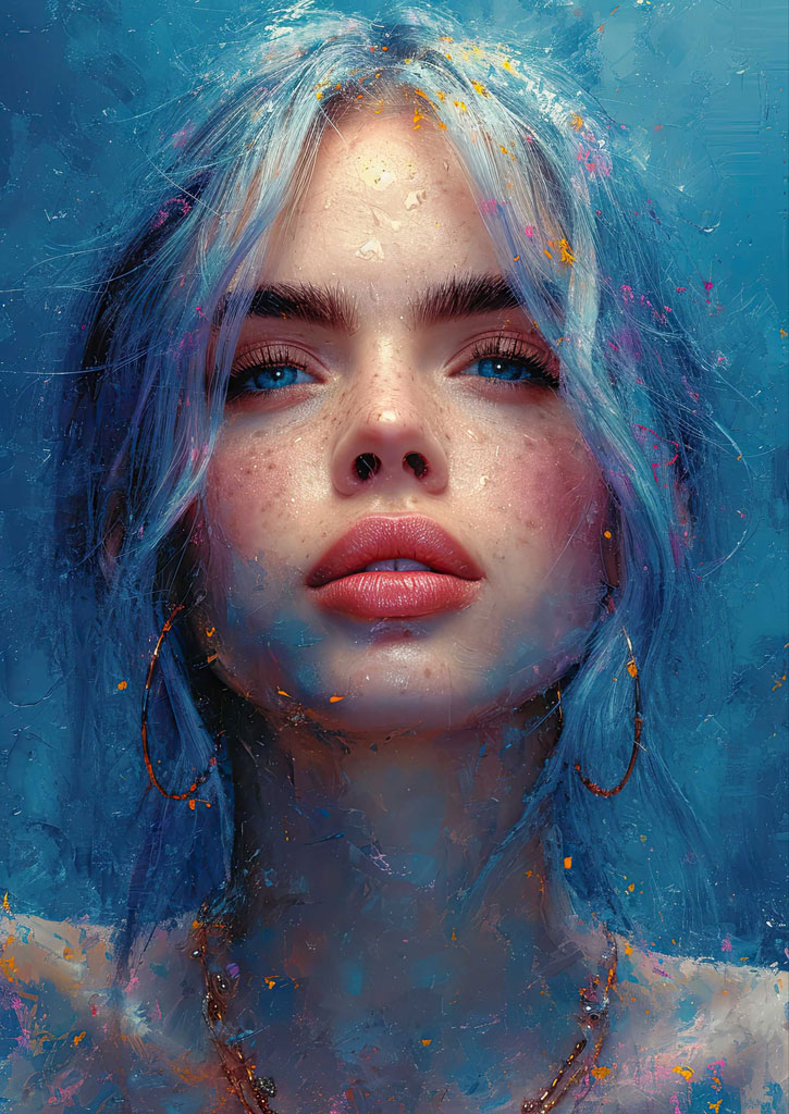 A portrait of a woman with blue eyes and blonde hair