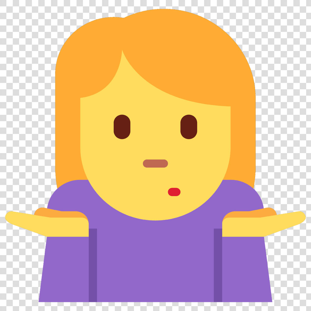 A cartoon woman with orange hair and a purple shirt, shrugging her shoulders and looking confused.