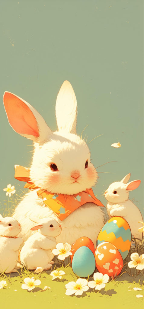 Illustration of white Easter bunnies with colorful eggs and flowers