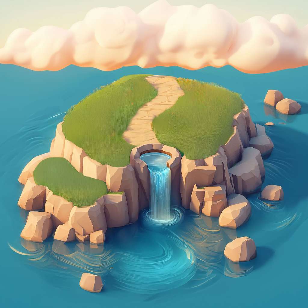 3D illustration of a small island with a waterfall in the ocean