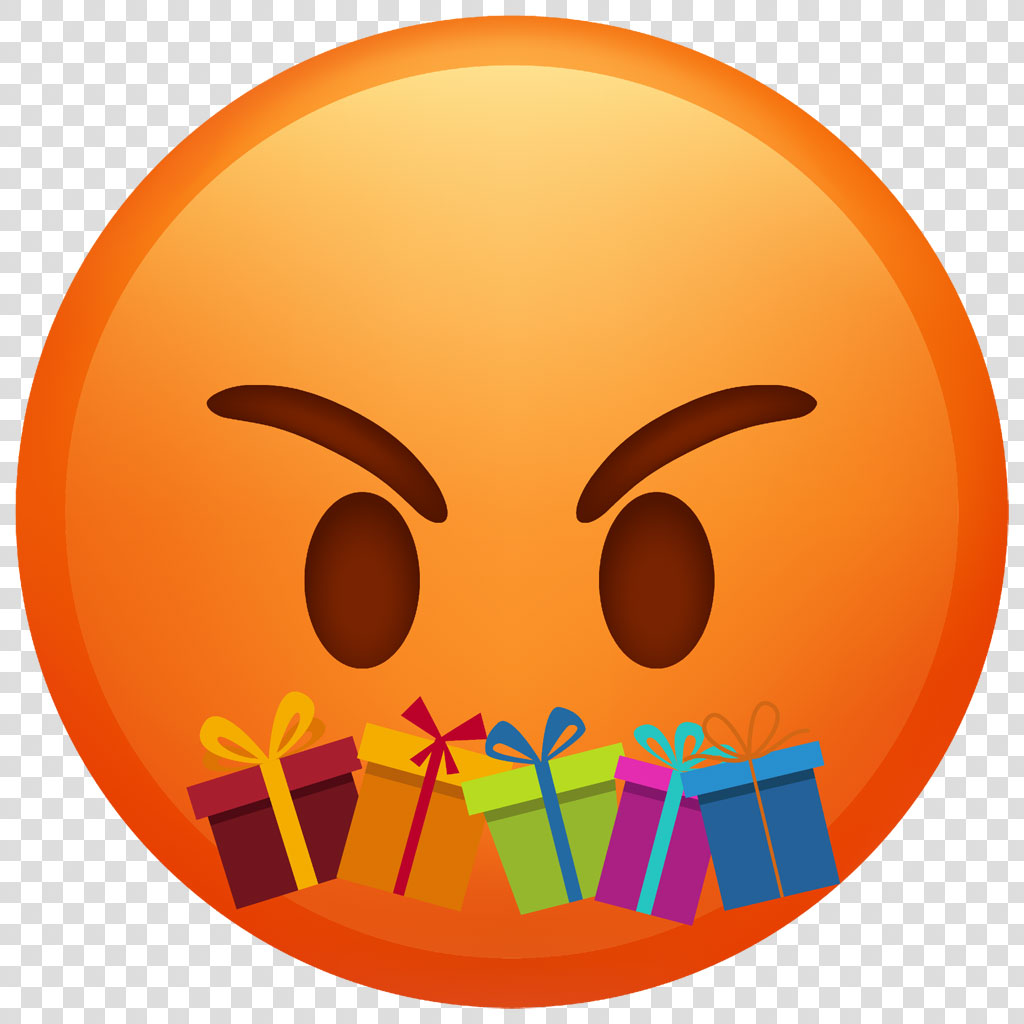 An angry emoji with gifts in its mouth