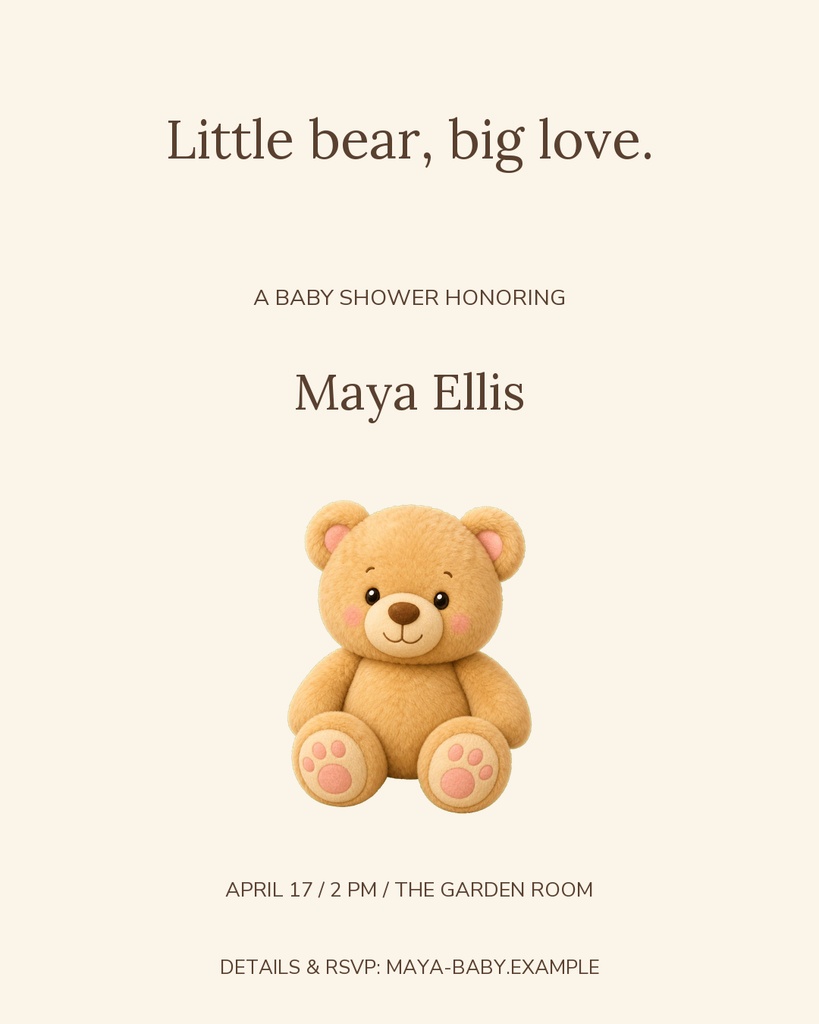 Neutral baby shower portrait post with a teddy bear illustration and centered event text.