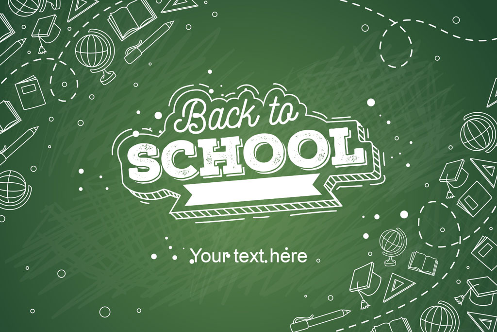 Back to School illustration on a green chalkboard with school supplies