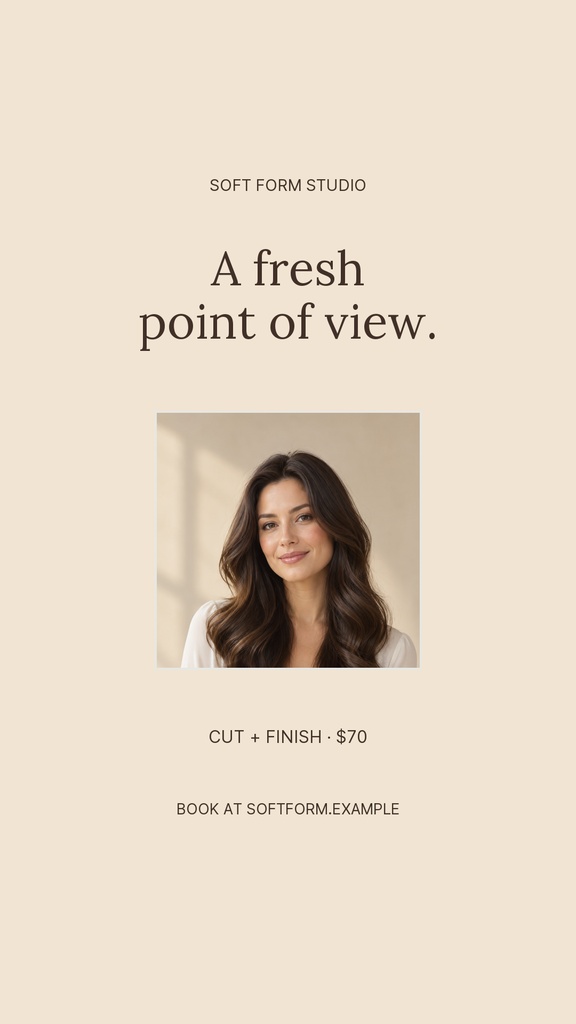 Minimal beige Instagram story layout with a woman’s portrait and salon text details.