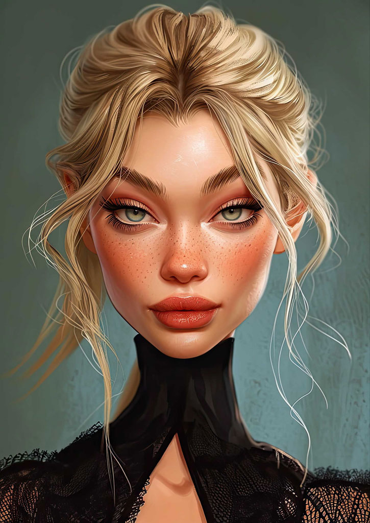 A blonde woman with green eyes and freckles, wearing a black top.