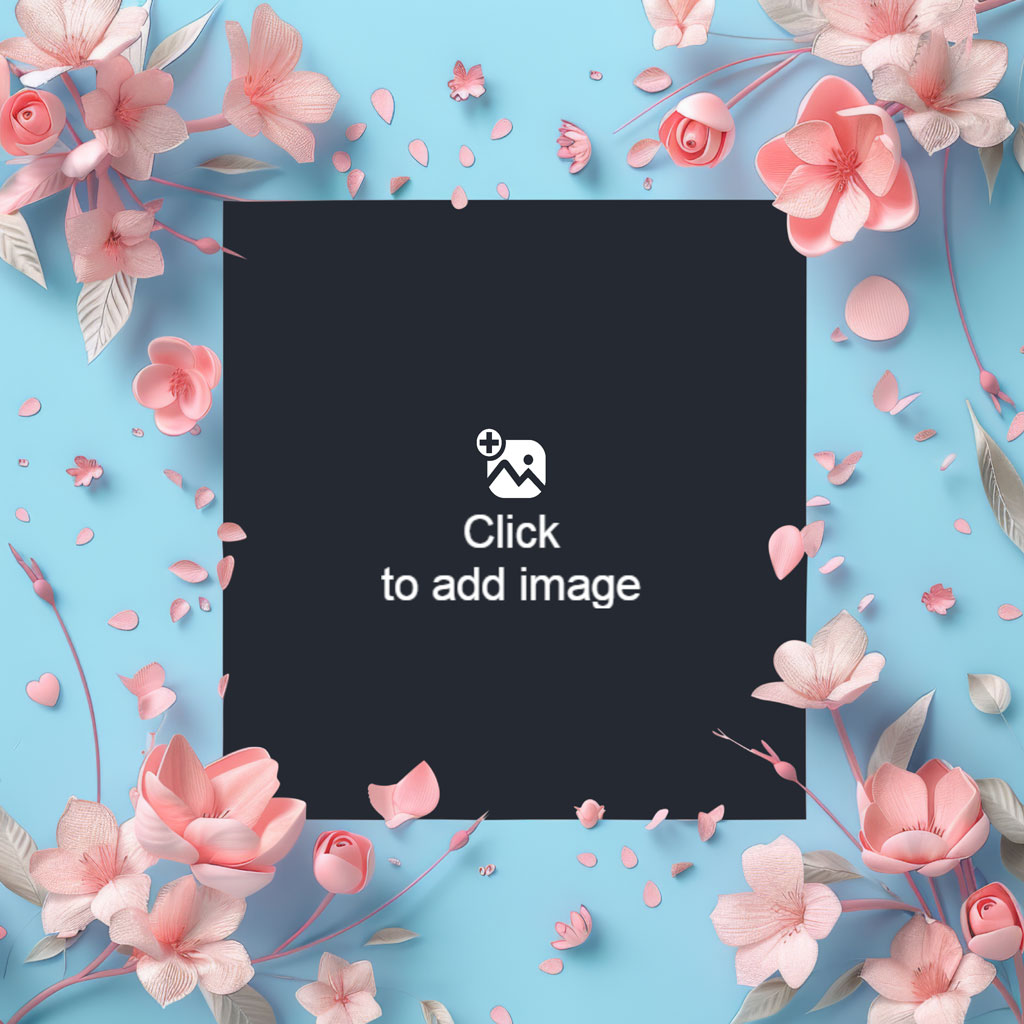 A square frame of pink flowers and petals around a black center on a light blue background.