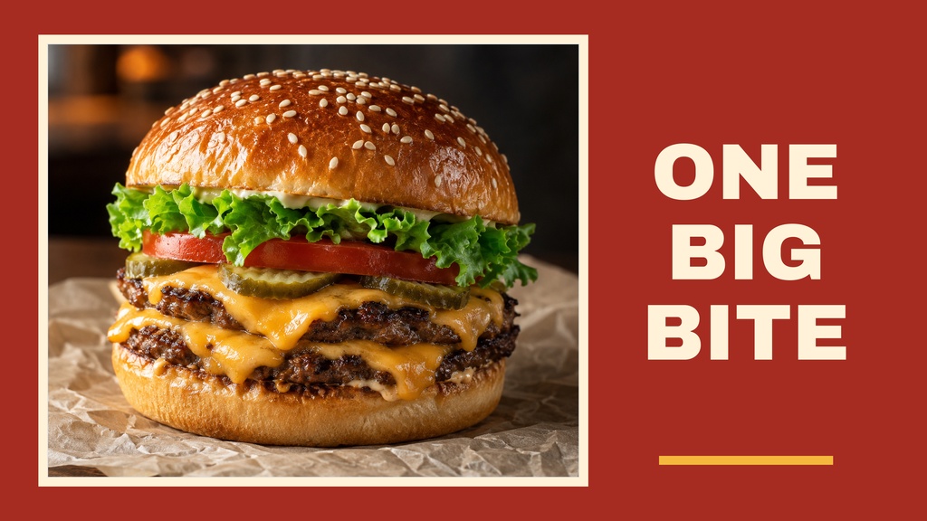 Cheeseburger on the left with bold One Big Bite text on a red background.