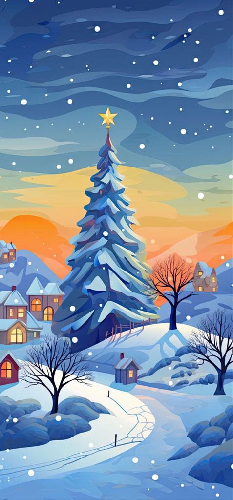 Illustration of a snowy village with a large Christmas tree and houses