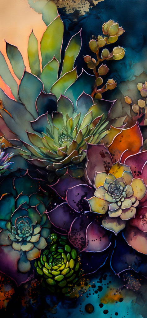A vibrant painting featuring various succulents in shades of green, purple, and orange.