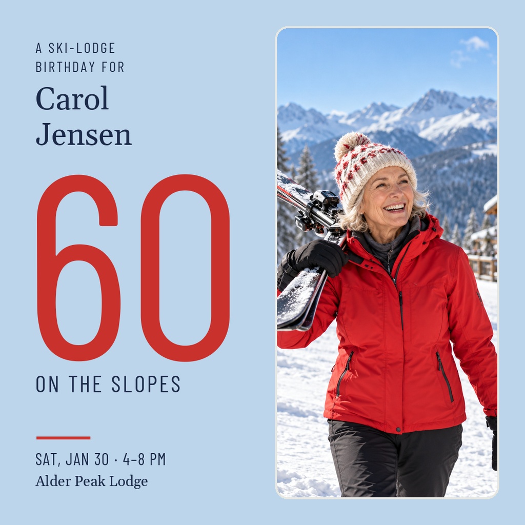 Square birthday invitation with a smiling woman in red ski gear and large red 60 text.