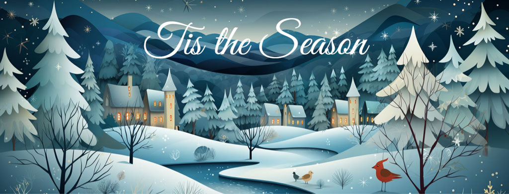 A snowy village with houses and trees under a starry night sky