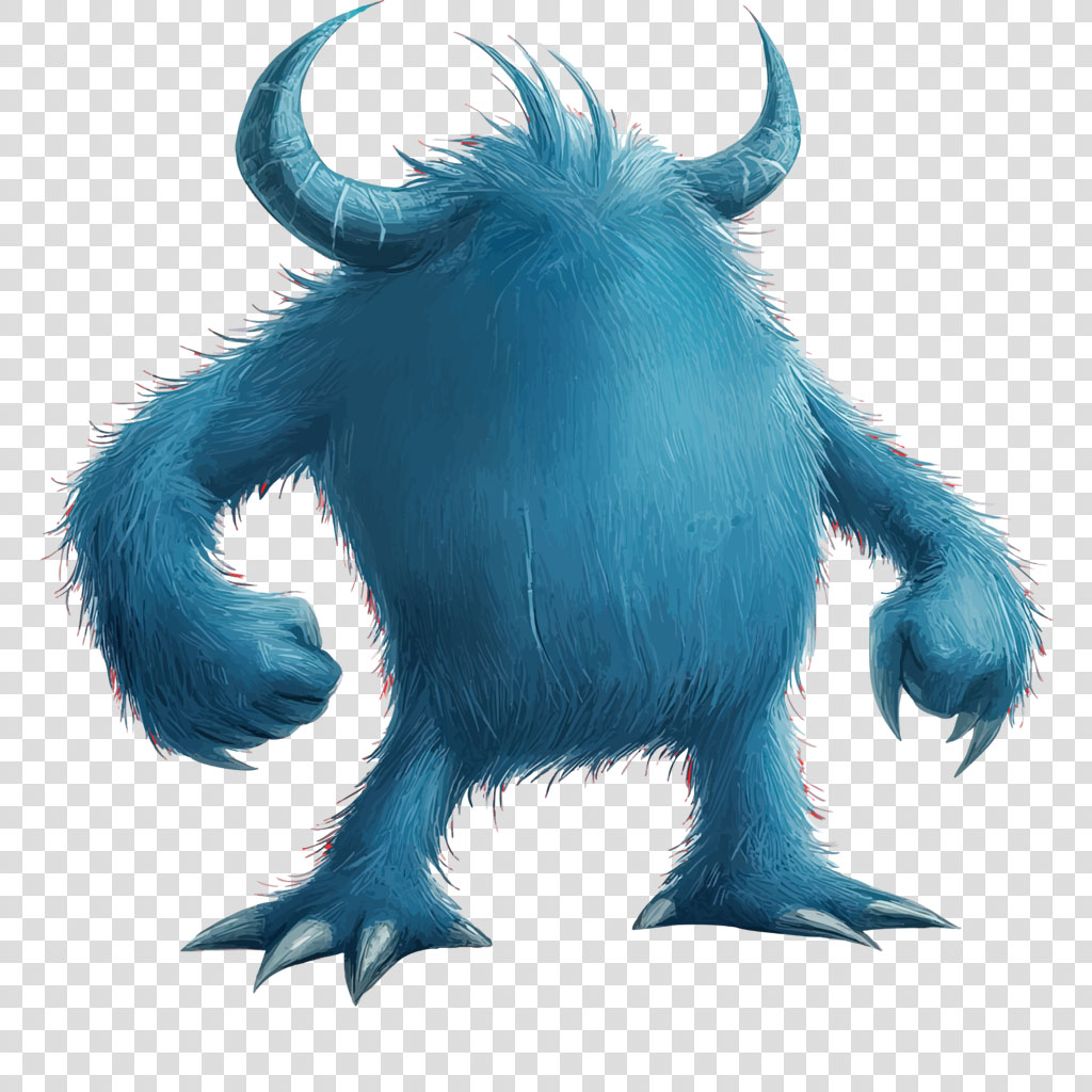 A blue furry monster with horns and claws