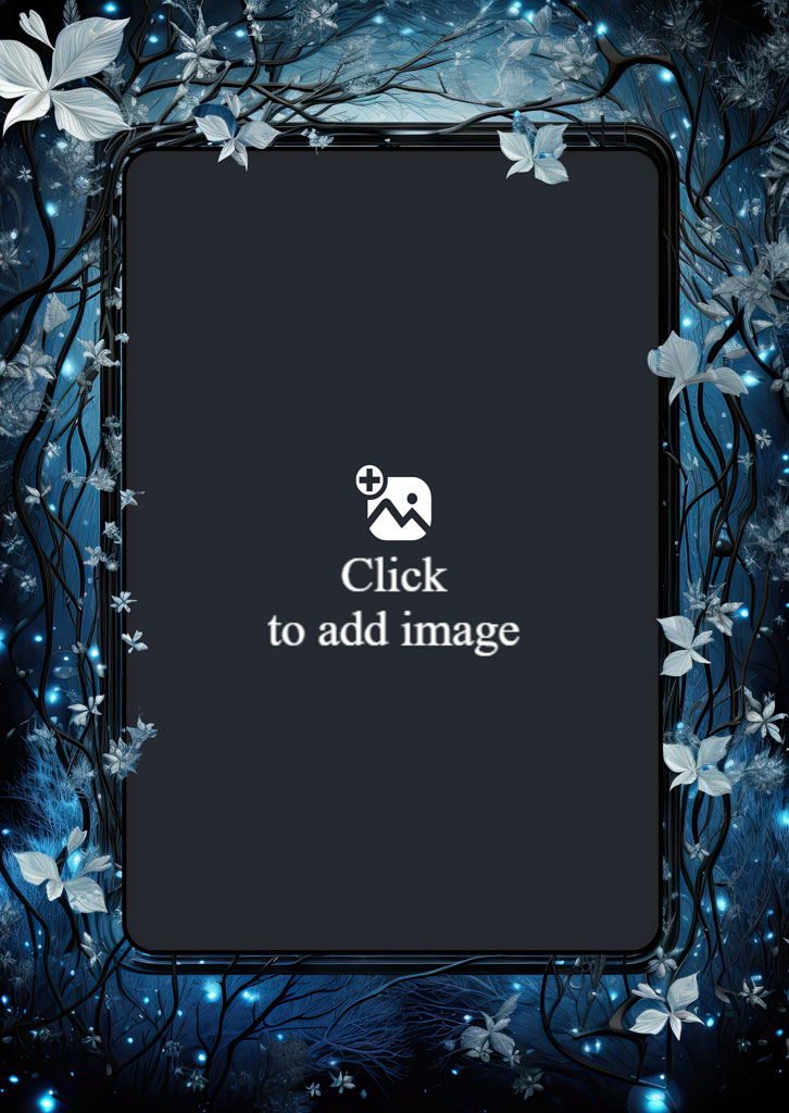 Black and white family portrait on a smartphone screen surrounded by a blue floral frame