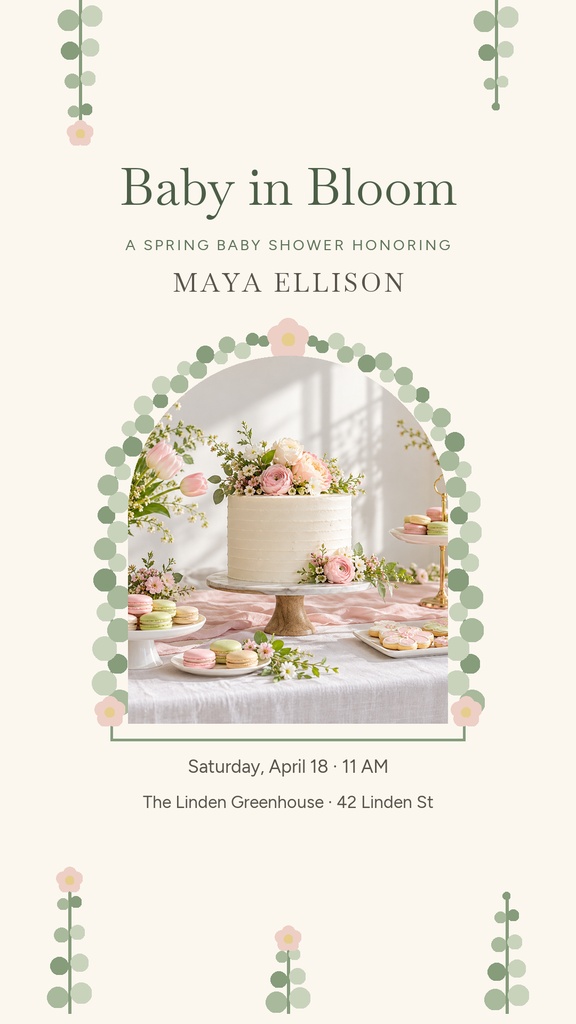 Botanical baby shower story template with floral arch, cake table, and pastel greenery on a cream background