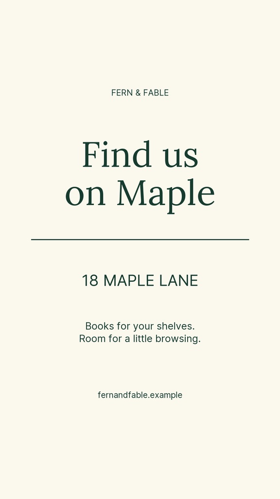 Minimal forest green Instagram Story template for a bookstore with address and welcome message.