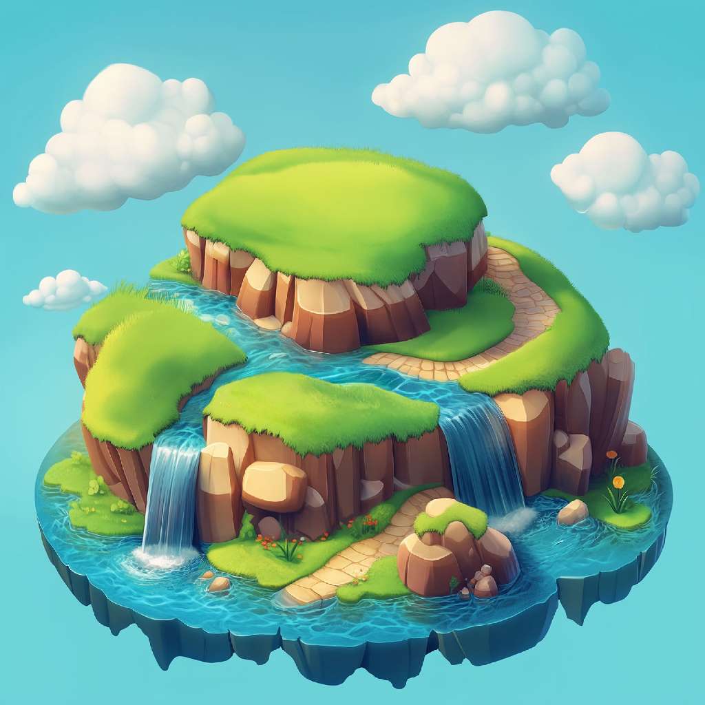 A 3D rendered floating island with multiple tiers, green grass, and flowing waterfalls.
