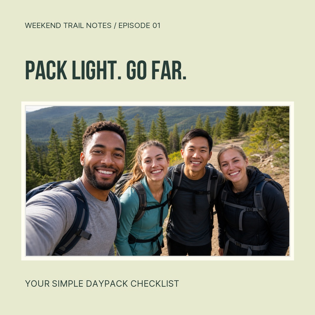 Four hikers smiling for a selfie with mountains and pine trees behind them