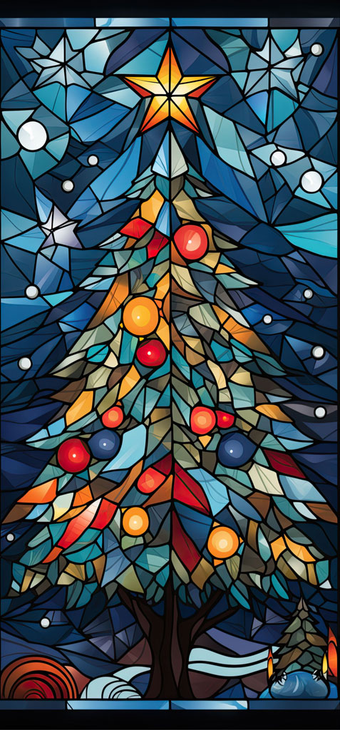 Stained glass Christmas tree with colorful ornaments and a star on top