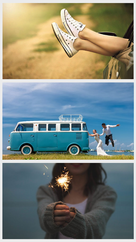 Collage of joyful moments with a couple and a van