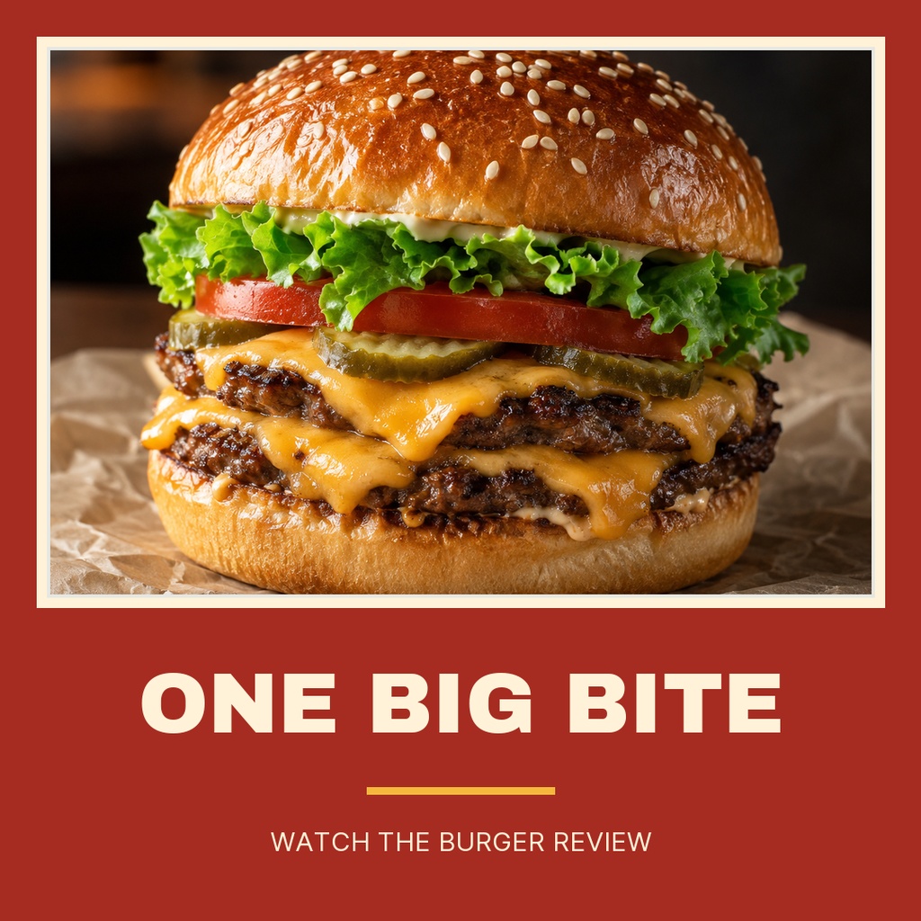 Cheeseburger on a red square post with the words One Big Bite and watch the burger review