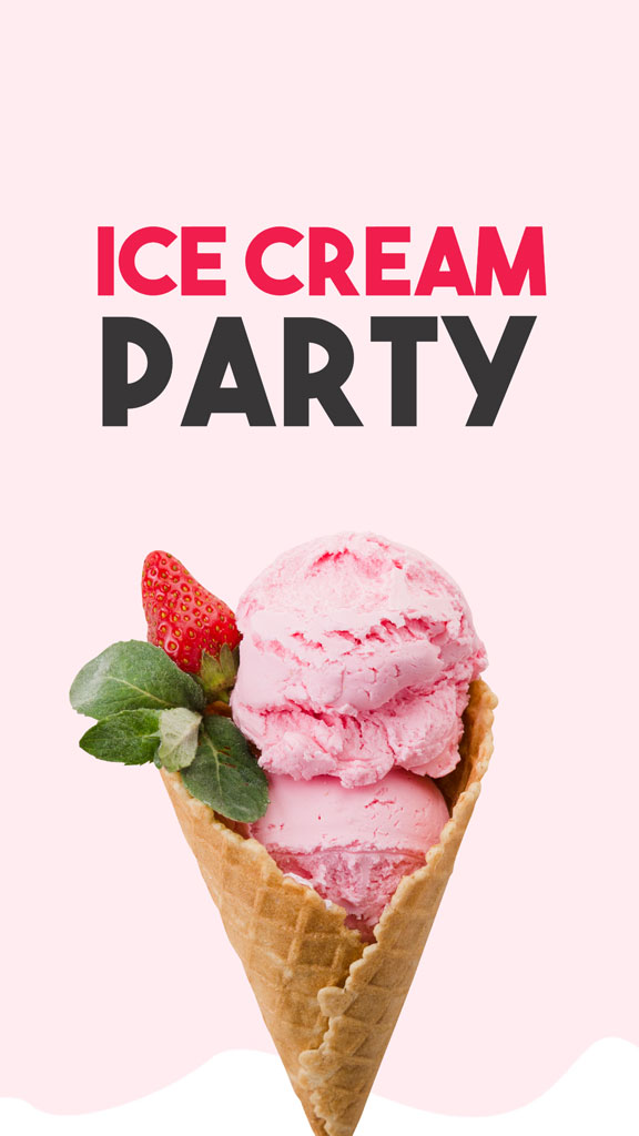 Pink ice cream in a waffle cone with a strawberry and leaves