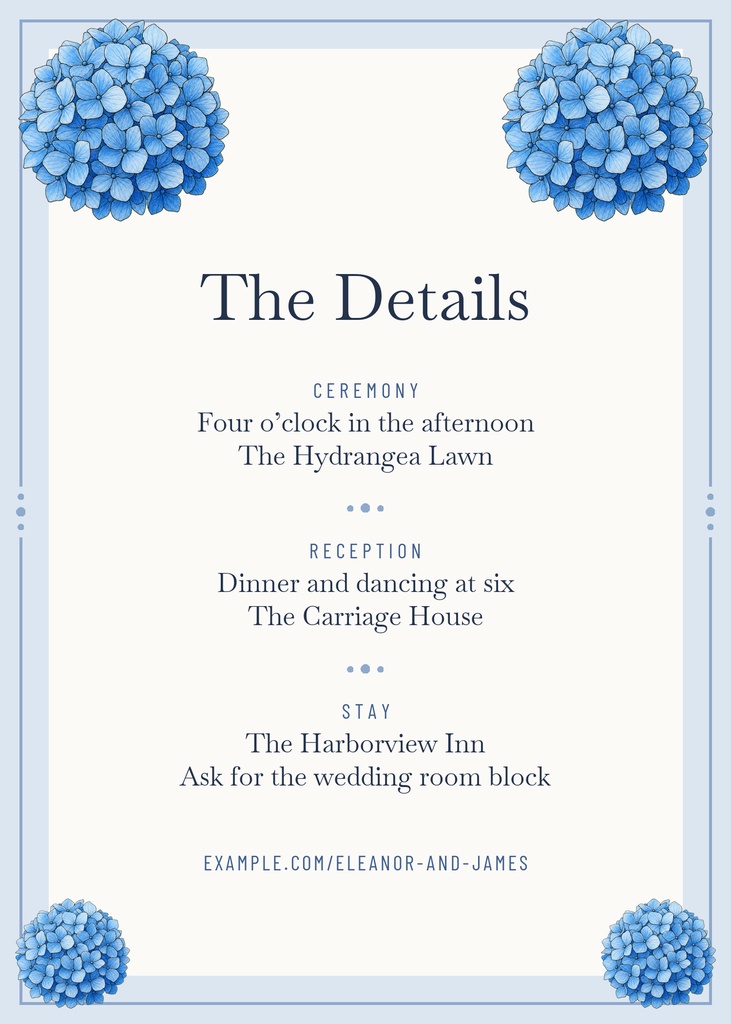 Preview for Blue Hydrangea Wedding Details Card Template