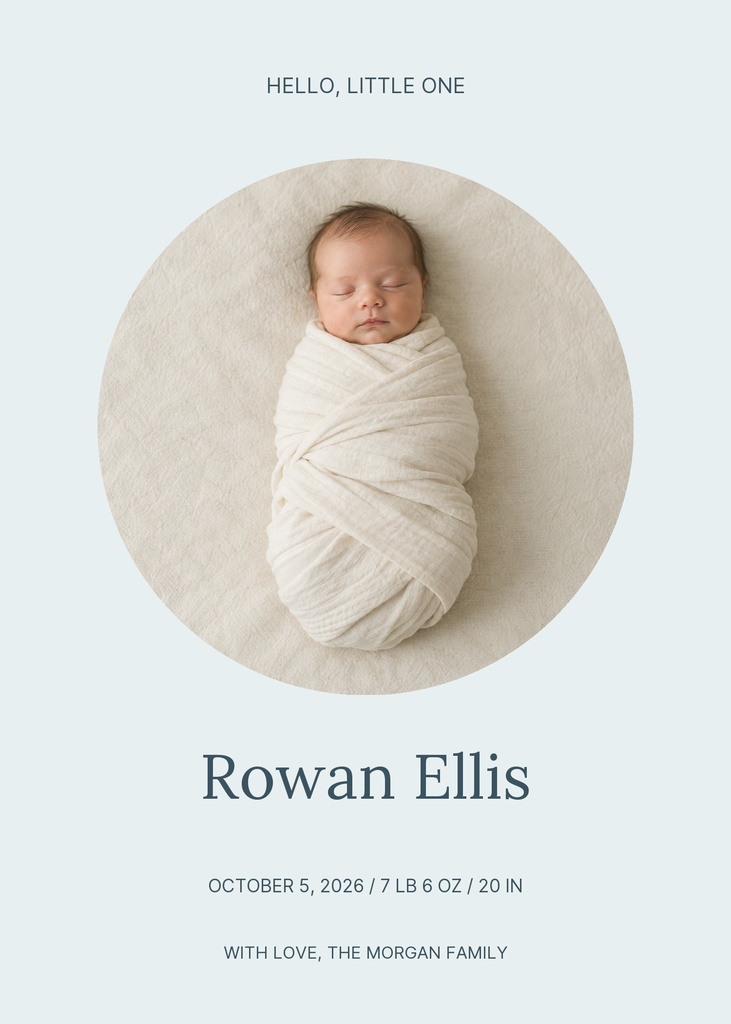 Preview for Hello, Baby Rowan Portrait Birth Announcement Template