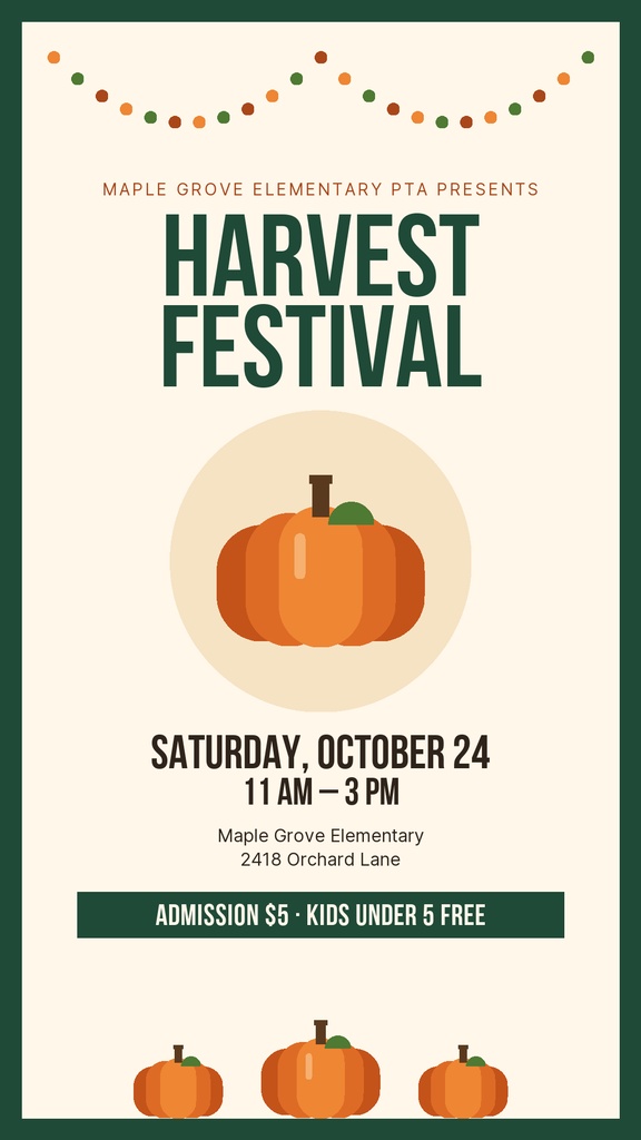 Portrait harvest festival flyer with pumpkins, autumn garland, and event details on a cream background.